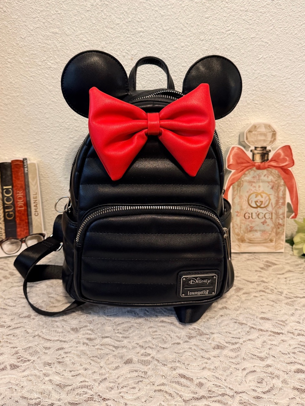 Black Minnie Mouse Patterned  Backpack (Interior View)